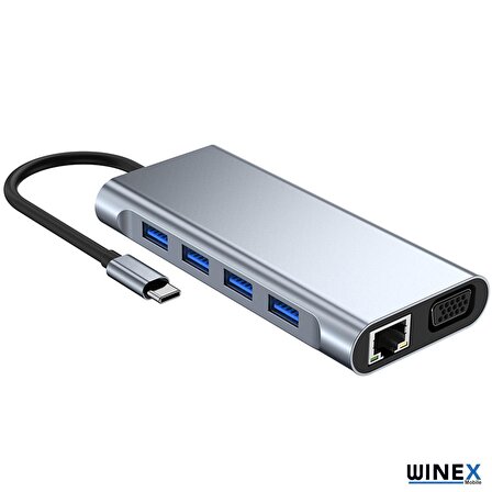 Winex 11in1 Hub Type-C to 4K HDMI/UsbA 3.0/TF SD/VGA/3.5mm AUX/PD Sarj/RJ45 Ethernet Dönüstürücü Adaptör