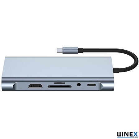 Winex 11in1 Hub Type-C to 4K HDMI/UsbA 3.0/TF SD/VGA/3.5mm AUX/PD Sarj/RJ45 Ethernet Dönüstürücü Adaptör