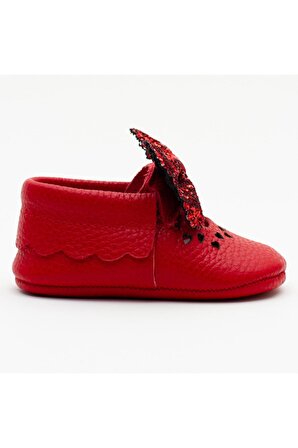 Hakiki Deri Kırmızı Fiyonklu Patik Makosen Kız Bebek Ayakkabısı