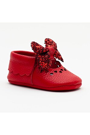 Hakiki Deri Kırmızı Fiyonklu Patik Makosen Kız Bebek Ayakkabısı