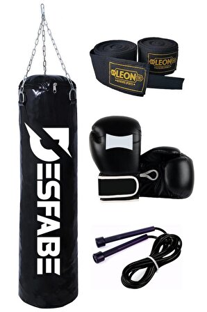 Desfabe Boxing Star 70x25 Cm Zincirli Boks Kum Torbası Siyah+El Sargı Bandajı+Boks Eldiveni+Atlama İpi