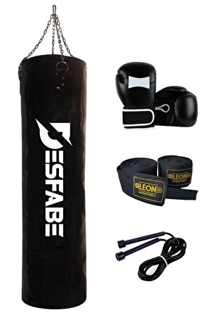 Desfabe Boxing Star 120x32 Cm Zincirli Boks Kum Torbası Siyah+Boks Eldiveni+El Bandajı+Atlama İpi
