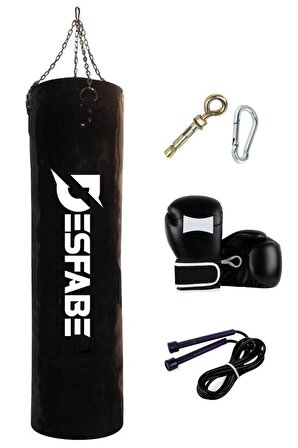 Desfabe Boxing Star 120x32 Cm Zincirli Boks Kum Torbası Siyah+Askı Aparatı+Boks Eldiveni+Atlama İpi