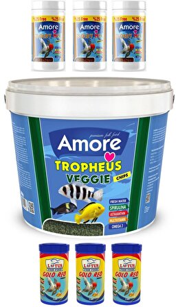 Amore Tropheus Veggie Chips Balık Yemi 3kg Kova, 3x125ml ve 3x100ml Kutu Japon Balığı Yemi
