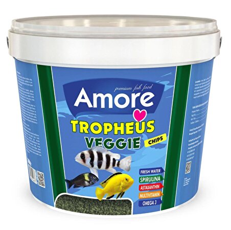 Amore Tropheus Veggie Chips Balık Yemi 3kg Kova, 3x125ml ve 3x100ml Kutu Japon Balığı Yemi