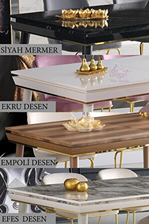 Açılır Roma Salon Masası  Siyah Mermer Desen + 6 Adet Alya Sandalye  Gold Metal Ayak