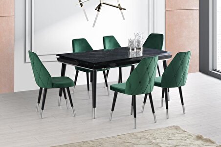 Açılır Roma Salon Masası  Siyah Mermer Desen + 6 Adet Hira Sandalye  Ahşap Ayak 