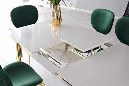 Açılır Sahra Salon Masası  Ekru Desen + 6 Adet Teo Sandalye  Gold Metal Ayak
