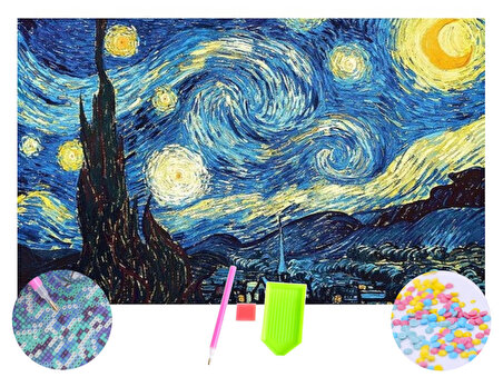 5D Elmas Boyama Mozaik Tablo Tuvale Gerili 40x50 cm Van Gogh Yıldızlı Gece Puzzle Tuval Seti