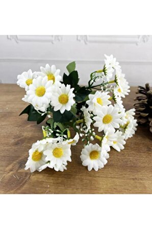 Yapay Çiçek Beyaz Papatya Gerçek Görünümlü  5 Dallı 25 Çiçekli