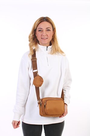 Soobepark Bondit Kumaş Mini Cüzdanlı Kadın Omuz Çantası Sütlü Kahverengi