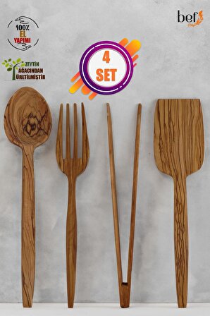 Tahta Kaşık Yemek Kaşığı Ahşap Servis Seti 4'lü Set Zeytin Ağacı Mutfak Gereçleri Yemek Takımı Maşa Spatula Yemek Kaşığı Servis Seti