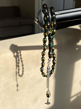 Çift Renkli  Yeşil Sarı Sürmeli Kehribar Tesbih Metal Püsküllü Misbah Misbaha Rosary Zikr