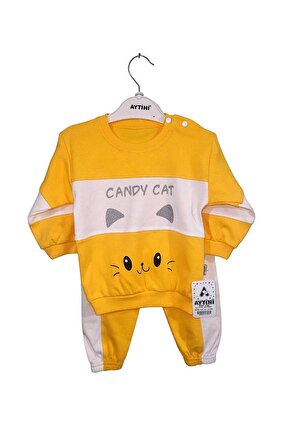 Aytini Candy Cat Baskılı Bebek Takımı Bebek Kıyafeti Kız & Erkek %100 Pamuk