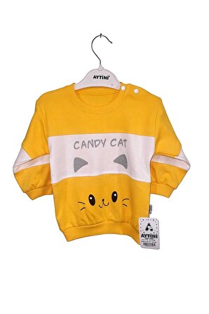 Aytini Candy Cat Baskılı Bebek Takımı Bebek Kıyafeti Kız & Erkek %100 Pamuk