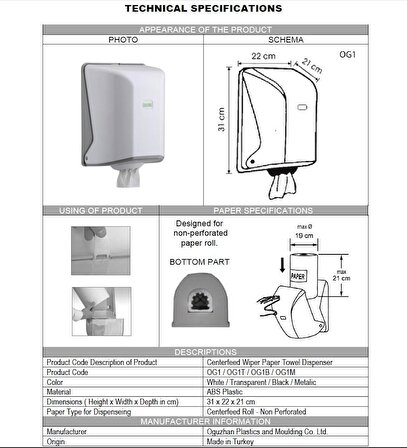 Vialli OG1T Alttan Çekmeli Rulo Kağıt Havlu Dispenseri Aparatı - Şeffaf - Plastik - Manuel Çekmeli