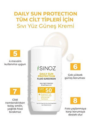 Sinoz Spf50 Günlük Kullanım Sıvı Yüz Güneş Kremi - Yeni Nesil Güneş Filtreleri İle Hibrit Formül 50ml