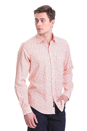 Kiremit Comfort Fit Baskılı 100% Pamuklu Slim Yaka Uzun Kollu Klasik Gömlek | M