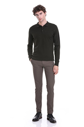 Haki Regular Fit Düz Polo Yaka Triko Kazak | M