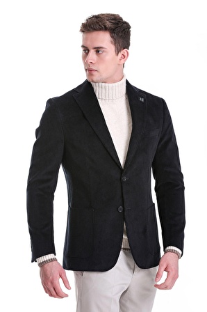 Lacivert Slim Fit Düz Mono Yaka Pamuklu Kadife Ceket | 46