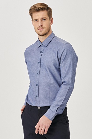 Erkek Lacivert Slim Fit Dar Kesim Pamuklu Gizli Düğmeli Yaka Uzun Kollu Oxford Gömlek