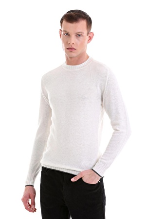 Ekru Regular Fit Düz Bisiklet Yaka Yünlü Casual Triko Kazak | 3XL