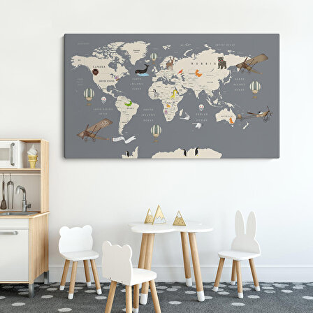 Çocuk Odası İçin Dekoratif Dünya Haritası Kanvas Tablo ( TEK PARÇA )
