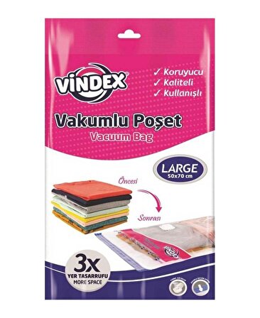 Vindex Vakumlu Giyisi Yastık Yorgan Saklama Torbası Poşeti Hurç - Large - 50x70 Cm. - 10 Paket