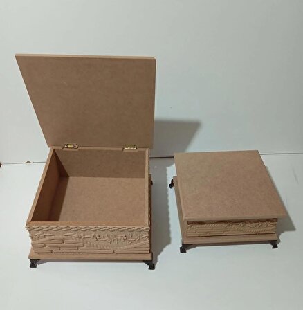 2 adet 3 kenarı kabartmalı dekoratif ayaklı MDF kutular