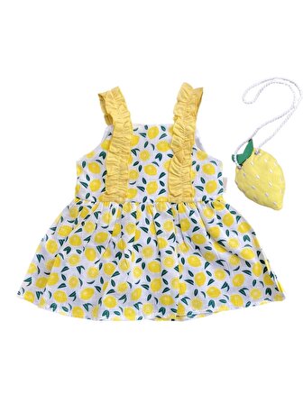 Kız Bebek Keten Fırfır Askılı Limon Model Elbise ve Sahte Limon Modelli Çanta Takımı