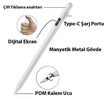 İpad pro air için manyetik şarj göstergeli stylus kalem pencil uzun şarj süresi