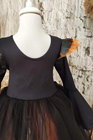 Cadılar Bayramı Siyah Deri Detaylı Cadı Kız Elbisesi Ve Cadı Şapkası, Kız Çocuk Halloween Elbisesi