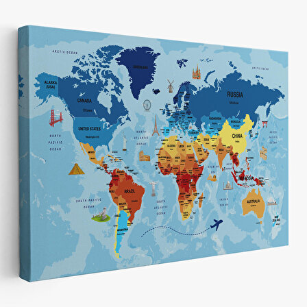 Dünya Haritası Sembollü ve Okyanuslu Dekoratif Kanvas Tablo 2423