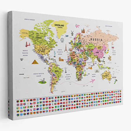 Dünya Haritası Ayrıntılı Eğitici Sembollü Bayraklı Dekoratif Kanvas Tablo 2849
