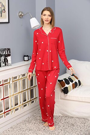 Kırmızı Kalpli Pijama Takımı