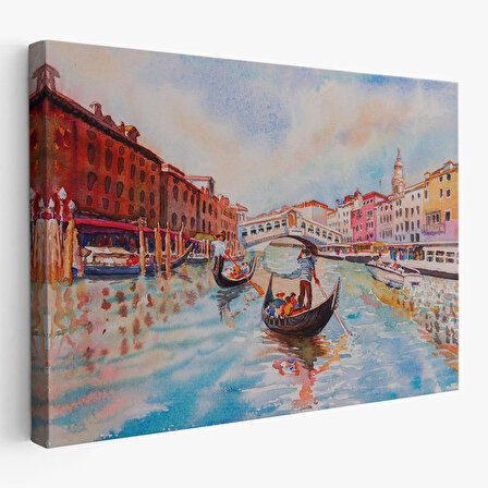 Venedik Kanalın da Gondollar Yağlıboya Görünüm Dekoratif Kanvas Duvar Tablosu-3660