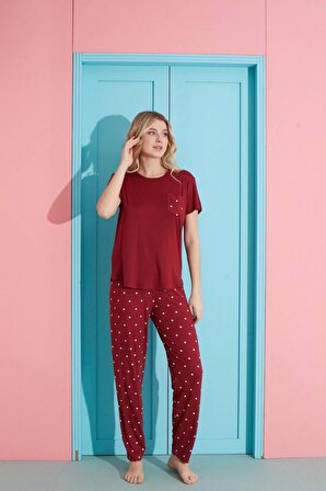 Pijamoni Yuvarlak Yaka Kısa Kol Vişne Pijama Takımı -7606-9