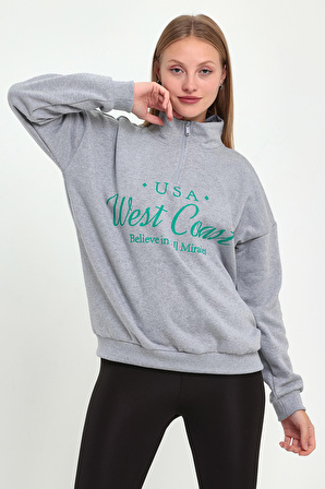 TEES LAB Kadın Gri Vintage Soft Yeşil Baskılı Sweatshirt 729620