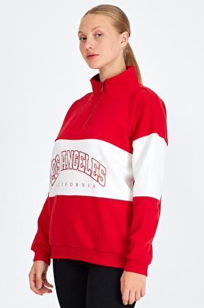 TEES LAB Kadın Kırmızı Baskılı Şardonlu Oversize Salaş Hoodie Sweatshirt