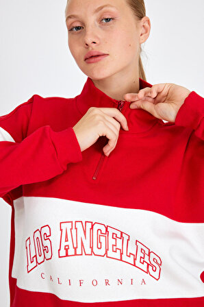 TEES LAB Kadın Kırmızı Baskılı Şardonlu Oversize Salaş Hoodie Sweatshirt