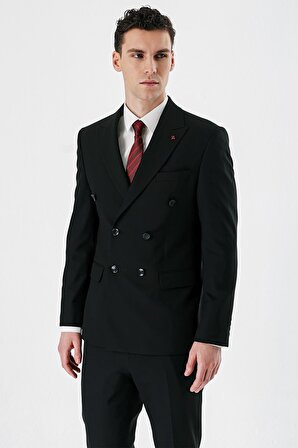 Siyah Kırlangıç Yaka Kruvaze Likralı 6 Drop Slim Fit Dar Kesim Klasik Takım Elbise 1001240166