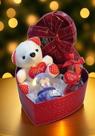 14 Şubat Sevgililer Günü Hediyesi Özel Set Kırmızı 15 cm Kalpli Kutu İçinde