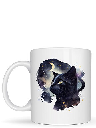 Kabartmalı UV Baskılı 'Siyah Kedi Animasyonu' Seramik Kupa (Tek Taraf Baskılı)