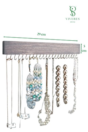 Gri Renk Ahşap Takı Organizeri Kolye Bileklik Saat Gözlük Duvar Askısı Düzenleyici