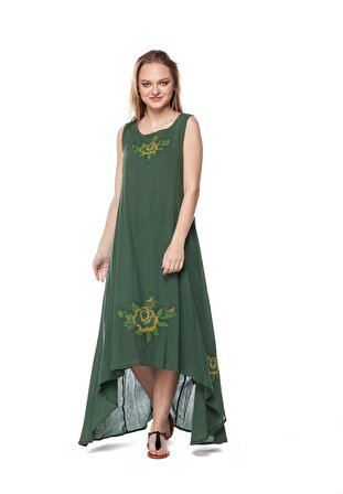 Şile Bezi Yeşil Kolsuz Gül Desenli Elbise
