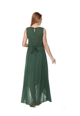 Şile Bezi Yeşil Kolsuz Gül Desenli Elbise