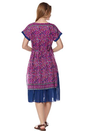 Şile Bezi Çiçek Desenli Pembe Midi Elbise-6104