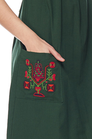 Şile Bezi Yeşil Kısa Kollu Nakışlı Elbise