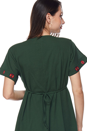 Şile Bezi Yeşil Kısa Kollu Nakışlı Elbise