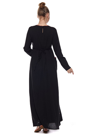 Şile Bezi Siyah Uzun Kollu Nakış Detaylı Elbise